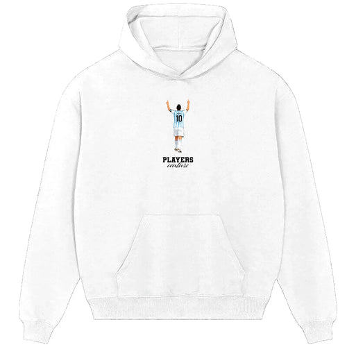 Lionel Messi hoodie – white men's hoodie with black Lionel Messi letters and Players Couture logo on the chest