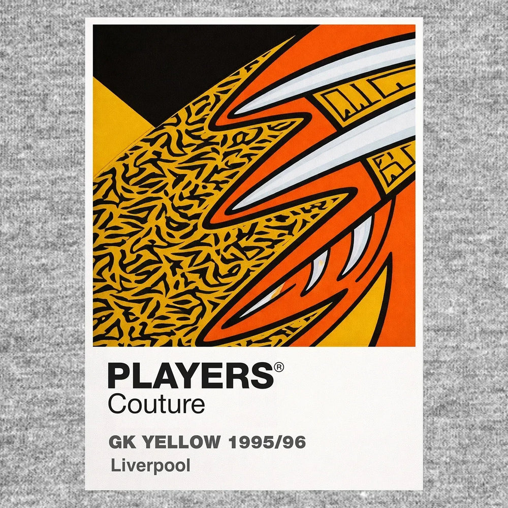 Liverpool 95/96 Orange GK Classic Football Shirt Colours Frame Men's T-Shirt – yellow close-up detail shot of the Liverpool