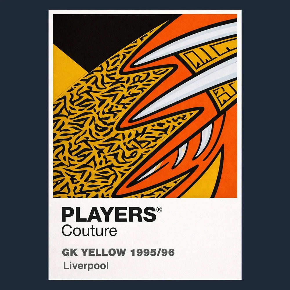 Liverpool 95/96 Orange GK Classic Football Shirt Colours Frame Men's T-Shirt – yellow close-up detail shot of the Liverpool
