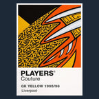 Liverpool 95/96 Orange GK Classic Football Shirt Colours Frame Men's T-Shirt – yellow close-up detail shot of the Liverpool