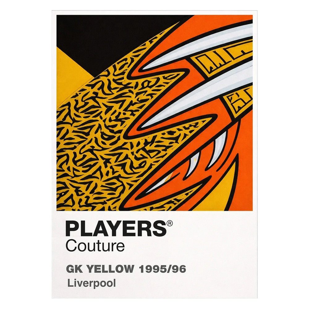 Liverpool 95/96 Orange GK Classic Football Shirt Colours Frame Men's T-Shirt – yellow close-up detail shot of the Liverpool