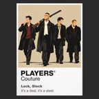 Lock, Stock and Two Smoking Barrels Eddy, Bacon, Soap and Tom in sharp streetwear around cards, guns and a collapsing London scheme Icon Frame artwork in black