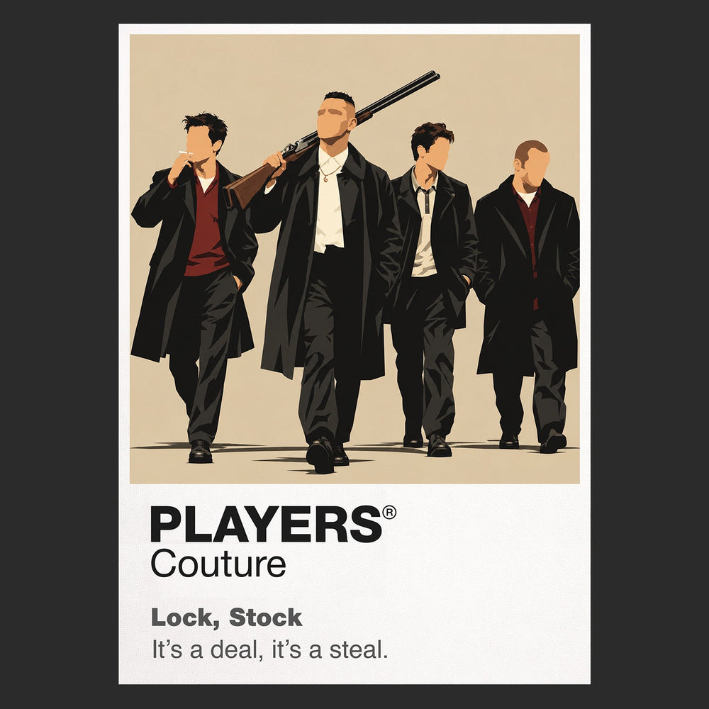 Lock, Stock and Two Smoking Barrels Eddy, Bacon, Soap and Tom in sharp streetwear around cards, guns and a collapsing London scheme Icon Frame artwork in black