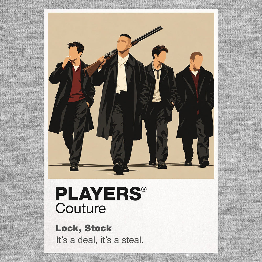 Lock, Stock and Two Smoking Barrels Eddy, Bacon, Soap and Tom in sharp streetwear around cards, guns and a collapsing London scheme Icon Frame artwork in grey