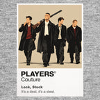 Lock, Stock and Two Smoking Barrels Eddy, Bacon, Soap and Tom in sharp streetwear around cards, guns and a collapsing London scheme Icon Frame artwork in grey