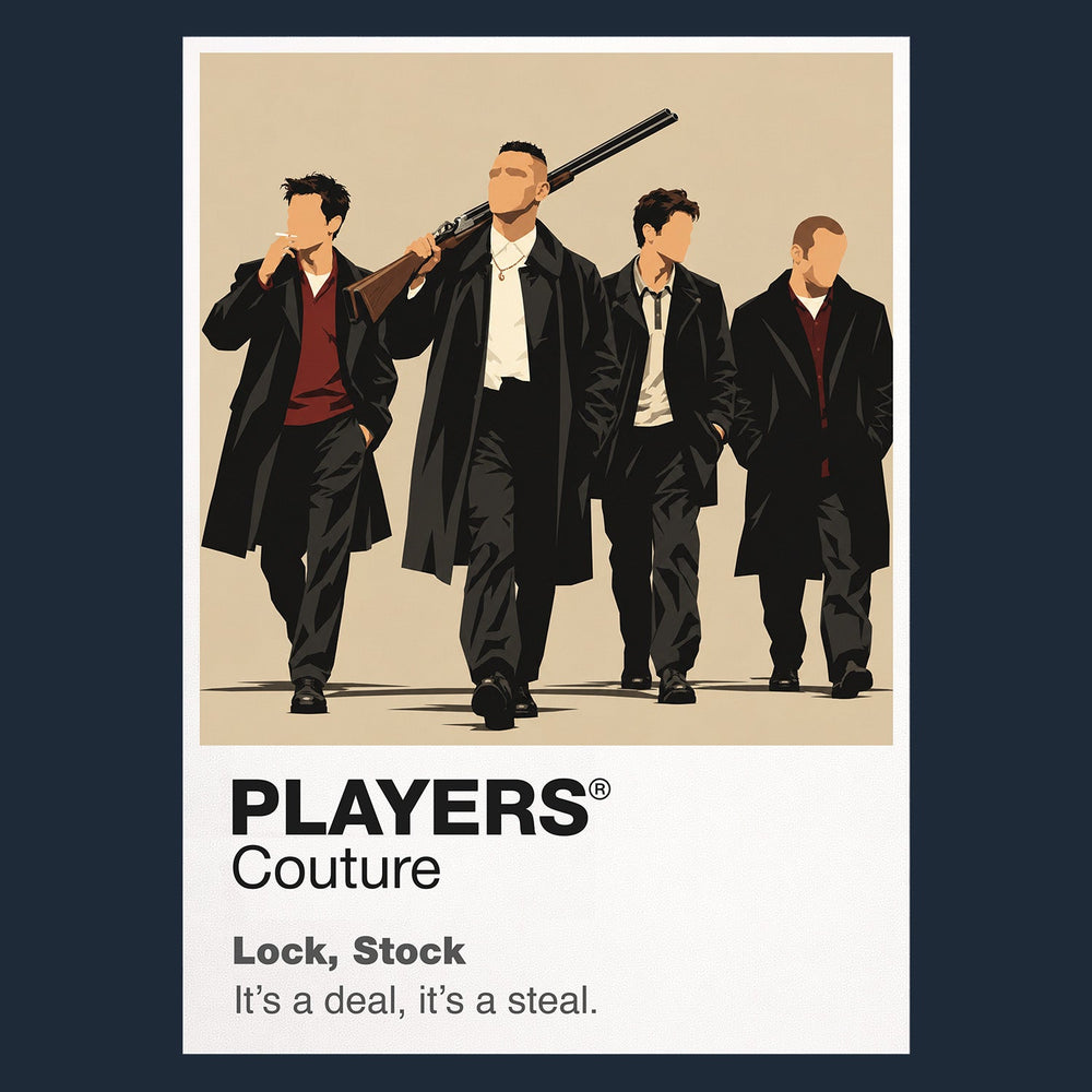 Lock, Stock and Two Smoking Barrels Eddy, Bacon, Soap and Tom in sharp streetwear around cards, guns and a collapsing London scheme Icon Frame artwork in navy