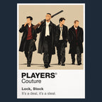 Lock, Stock and Two Smoking Barrels Eddy, Bacon, Soap and Tom in sharp streetwear around cards, guns and a collapsing London scheme Icon Frame artwork in navy