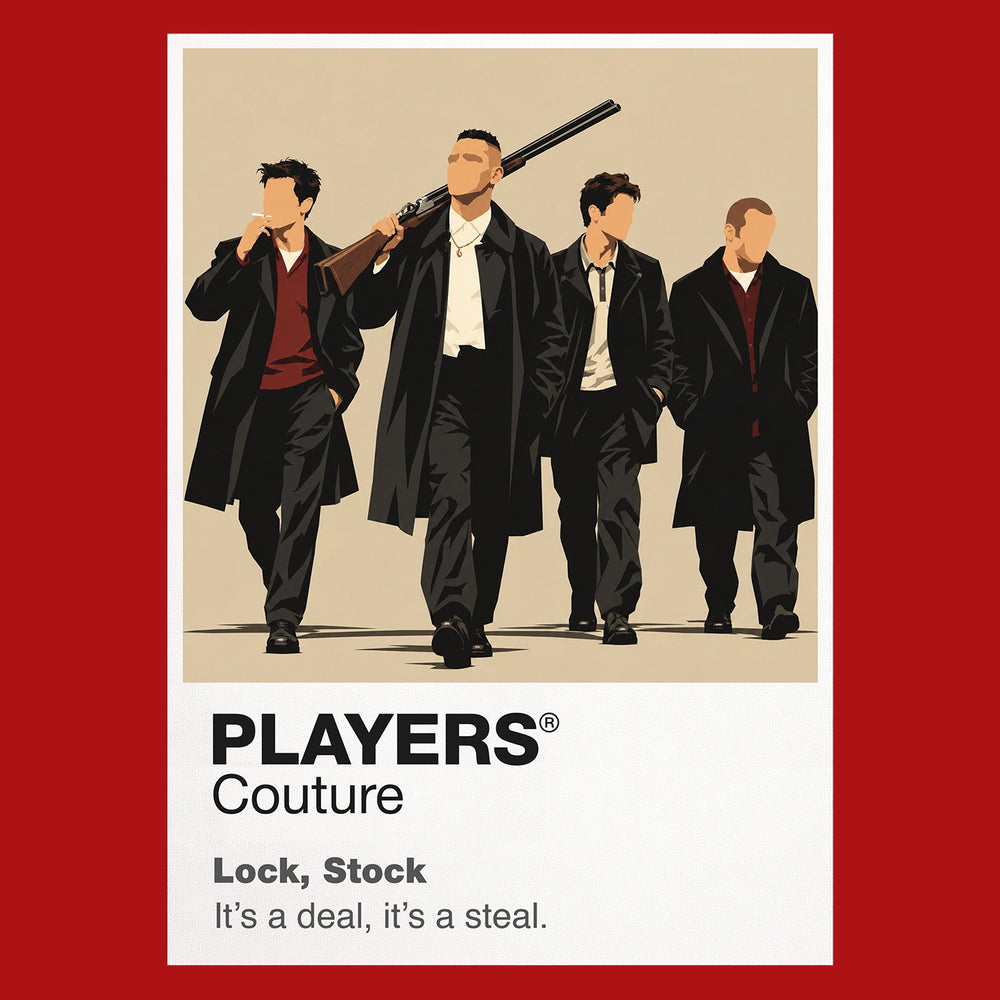 Lock, Stock and Two Smoking Barrels Eddy, Bacon, Soap and Tom in sharp streetwear around cards, guns and a collapsing London scheme Icon Frame artwork in red