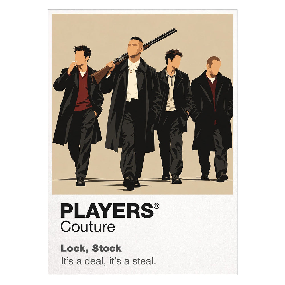 Lock, Stock and Two Smoking Barrels Eddy, Bacon, Soap and Tom in sharp streetwear around cards, guns and a collapsing London scheme Icon Frame artwork on white