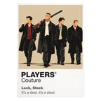 Lock, Stock and Two Smoking Barrels Eddy, Bacon, Soap and Tom in sharp streetwear around cards, guns and a collapsing London scheme Icon Frame artwork on white