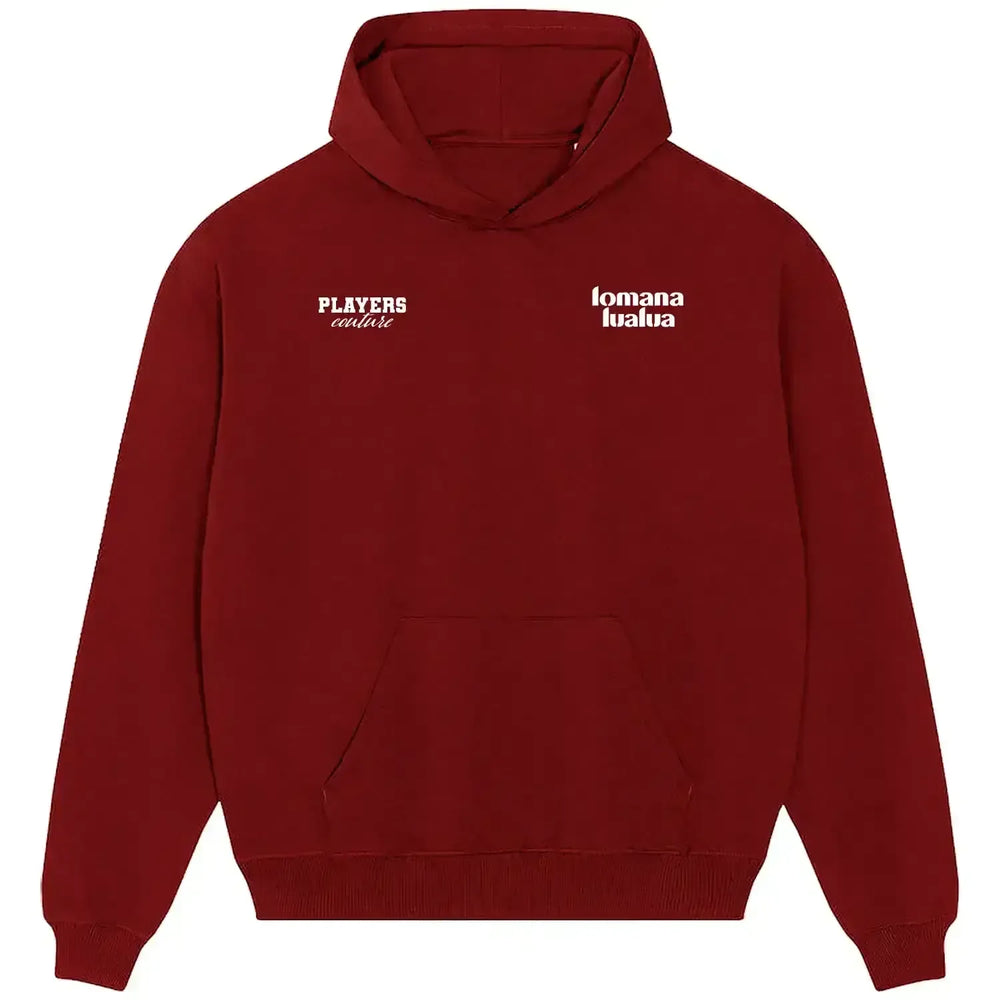 Lomana Lualua hoodie – red men's hoodie featuring the Lomana Lualua Players Couture logo