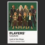 The Lord of the Rings the Fellowship travelling beneath the Ring's gold circle and the mountain silhouette of Middle-earth Icon Frame artwork in black