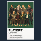 The Lord of the Rings the Fellowship travelling beneath the Ring's gold circle and the mountain silhouette of Middle-earth Icon Frame artwork in navy