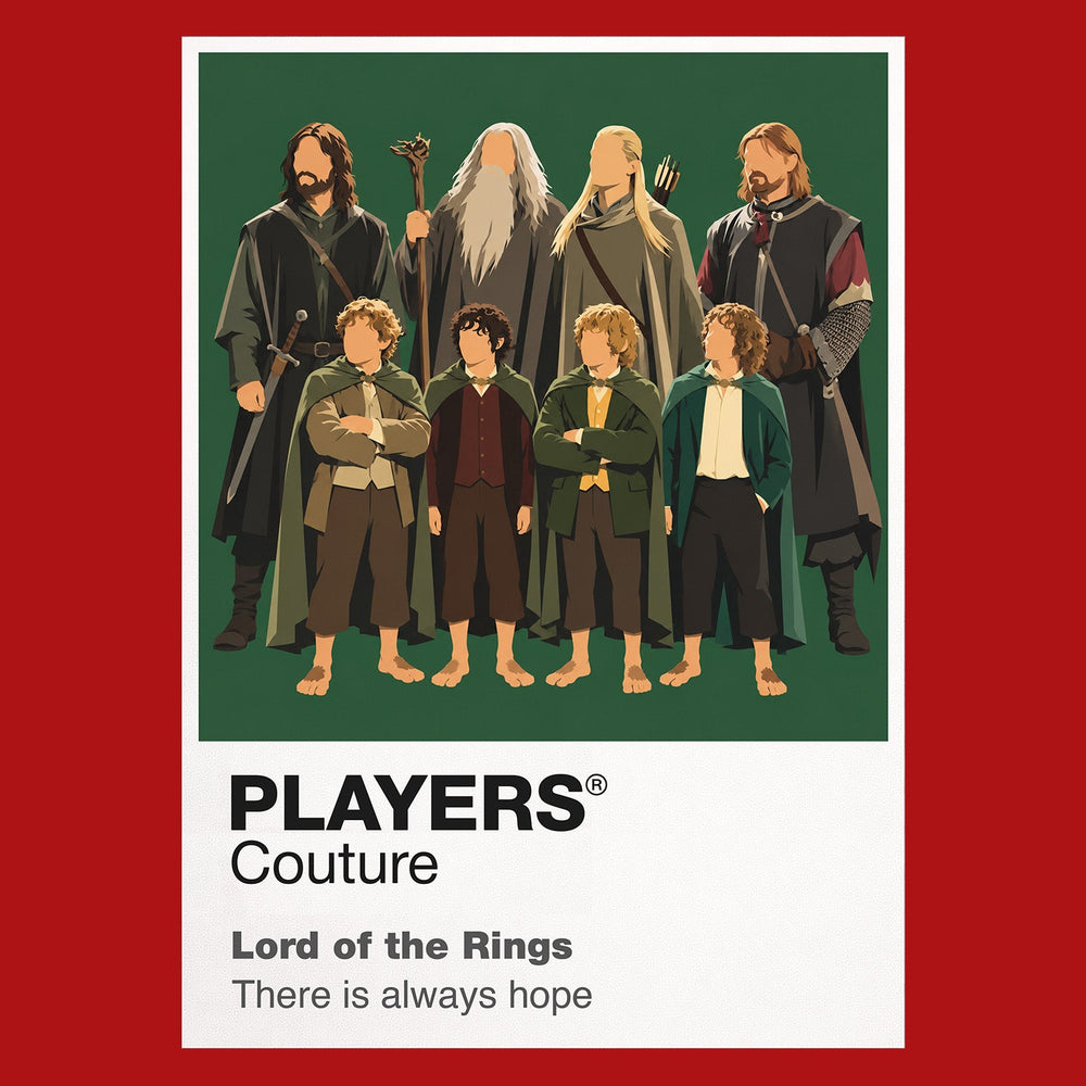 The Lord of the Rings the Fellowship travelling beneath the Ring's gold circle and the mountain silhouette of Middle-earth Icon Frame artwork in red