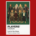 The Lord of the Rings the Fellowship travelling beneath the Ring's gold circle and the mountain silhouette of Middle-earth Icon Frame artwork in red