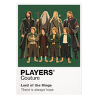 The Lord of the Rings the Fellowship travelling beneath the Ring's gold circle and the mountain silhouette of Middle-earth Icon Frame artwork on white