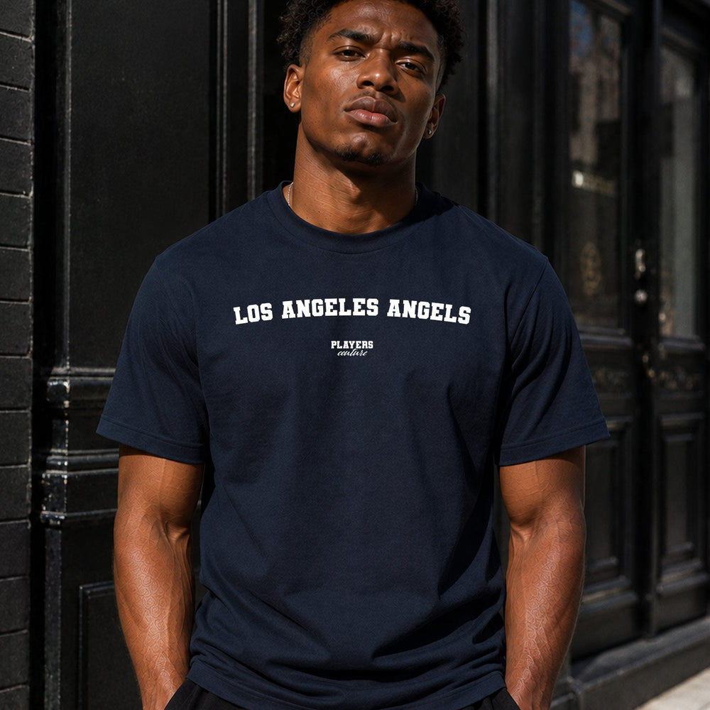Los Angeles Angels Men's T-Shirt — lifestyle photo, Navy t-shirt