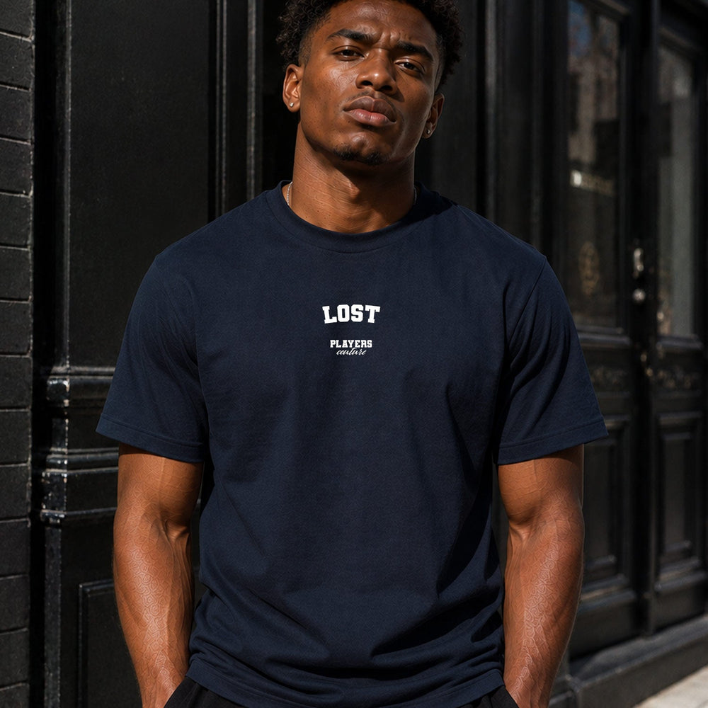 Lost navy men's T-shirt lifestyle photograph 5