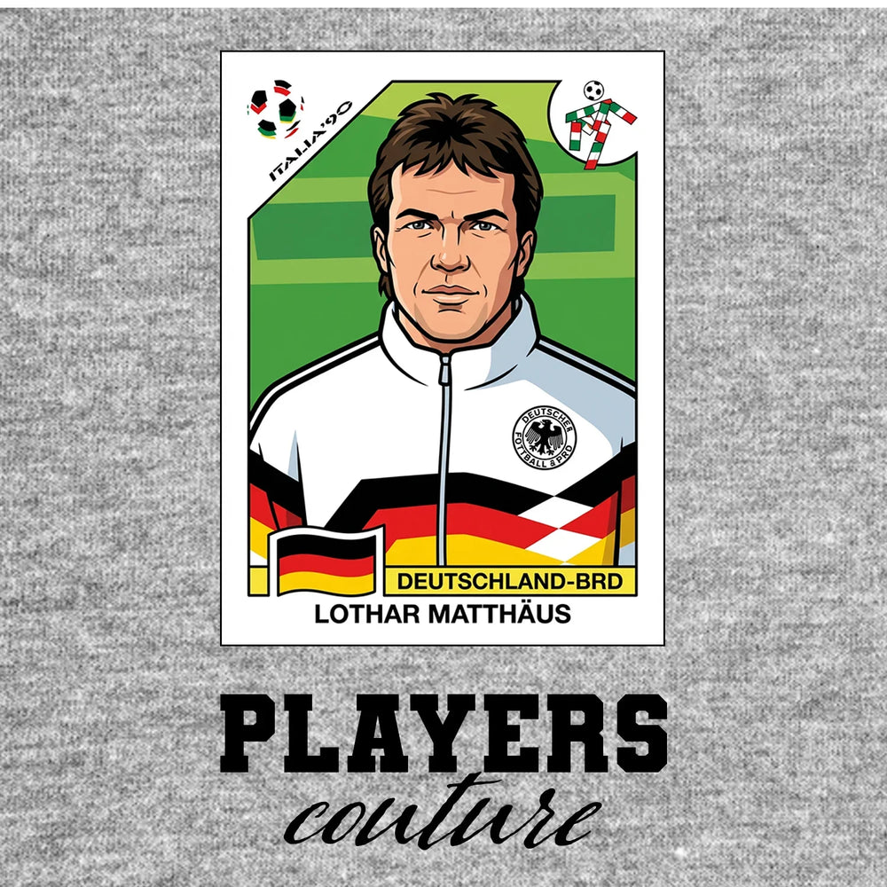 Lothar Matthaus World Cup Sticker Men's T-Shirt – grey close-up detail shot of the Lothar Matthaus World Cup Players Couture