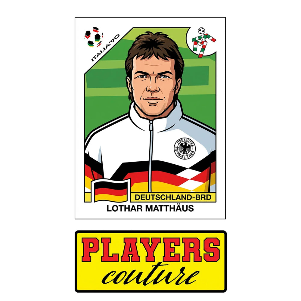 Lothar Matthaus World Cup Sticker Men's T-Shirt – close-up detail shot of the Lothar Matthaus World Cup Players Couture logo