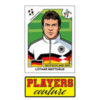 Lothar Matthaus World Cup Sticker Men's T-Shirt – close-up detail shot of the Lothar Matthaus World Cup Players Couture logo