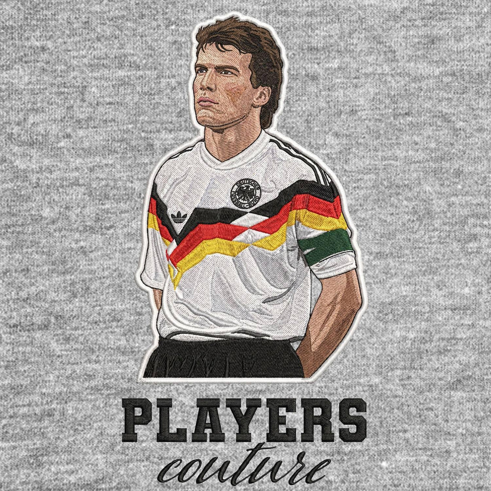 Lothar Matthaus Badge Men's Hoodie – grey close-up detail shot of the Lothar Matthaus Players Couture logo design