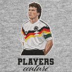 Lothar Matthaus Badge Men's Hoodie – grey close-up detail shot of the Lothar Matthaus Players Couture logo design