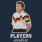 Lothar Matthaus Badge Men's Hoodie – navy close-up detail shot of the Lothar Matthaus Players Couture logo design