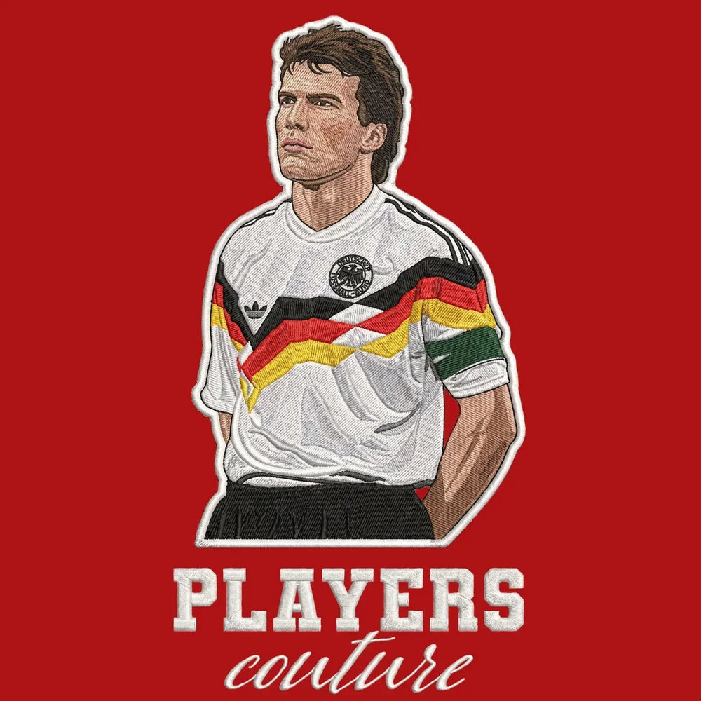 Lothar Matthaus Badge Men's Hoodie – red close-up detail shot of the Lothar Matthaus Players Couture logo design