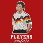 Lothar Matthaus Badge Men's Hoodie – red close-up detail shot of the Lothar Matthaus Players Couture logo design