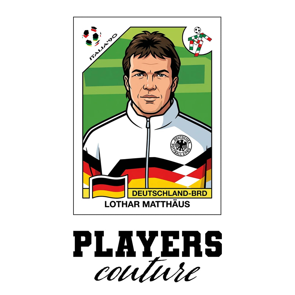 Lothar Matthaus World Cup Sticker Men's T-Shirt – white close-up detail shot of the Lothar Matthaus Players Couture logo