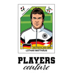 Lothar Matthaus World Cup Sticker Men's T-Shirt – white close-up detail shot of the Lothar Matthaus Players Couture logo