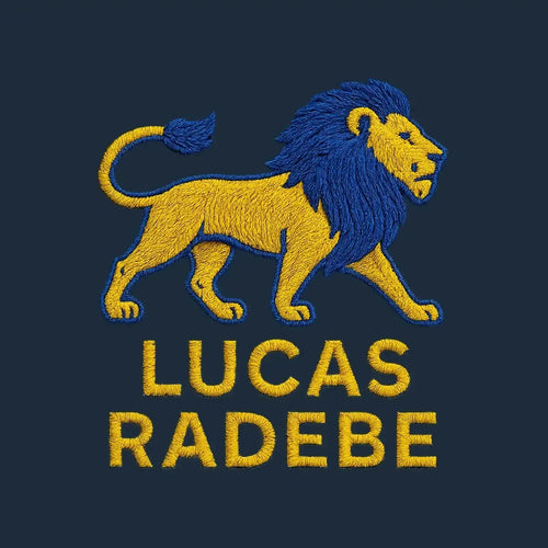 Lucas Radebe Logo Men's T-Shirt – navy close-up detail shot of the Lucas Radebe Players Couture logo design