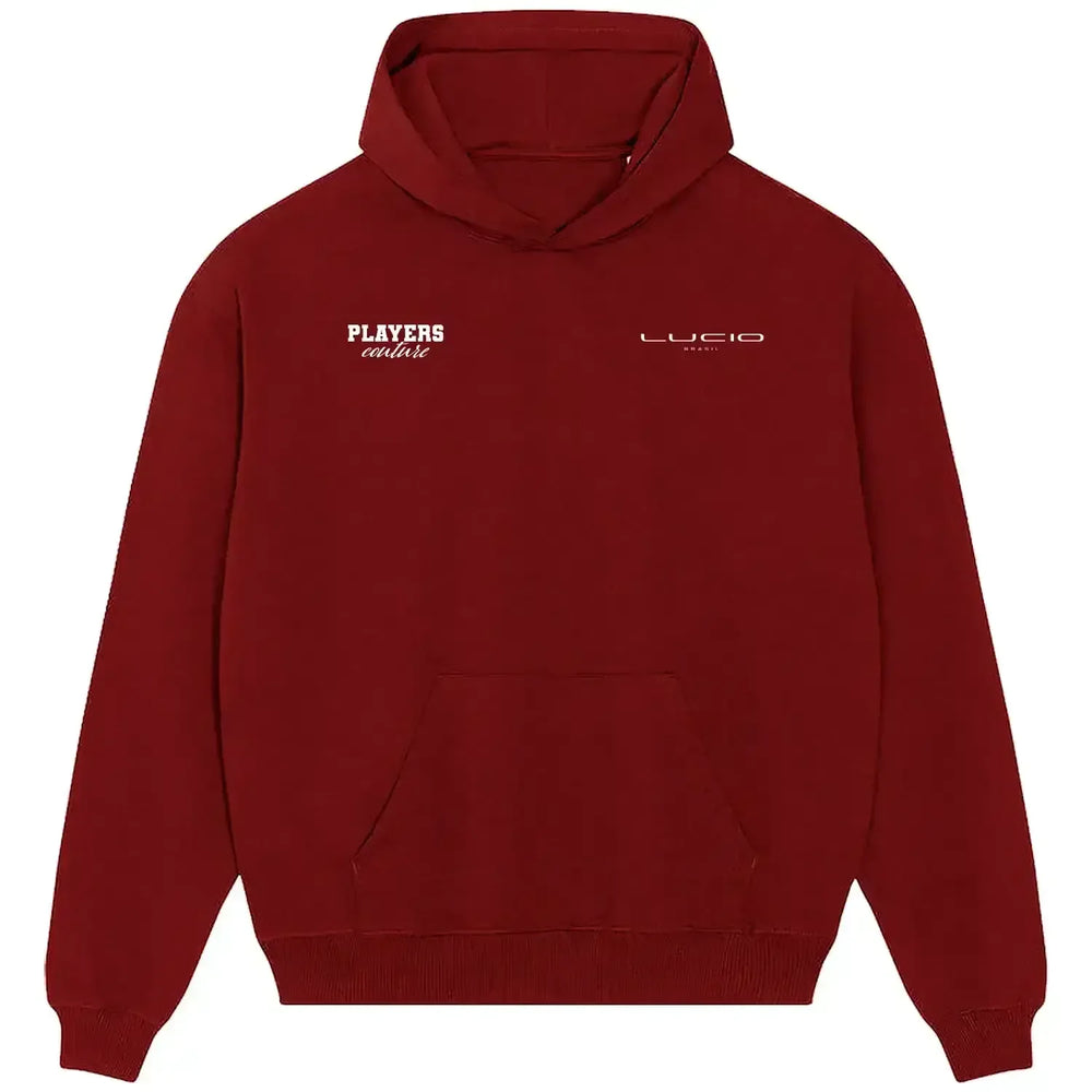 Lucio hoodie – red men's hoodie featuring the Lucio Players Couture logo