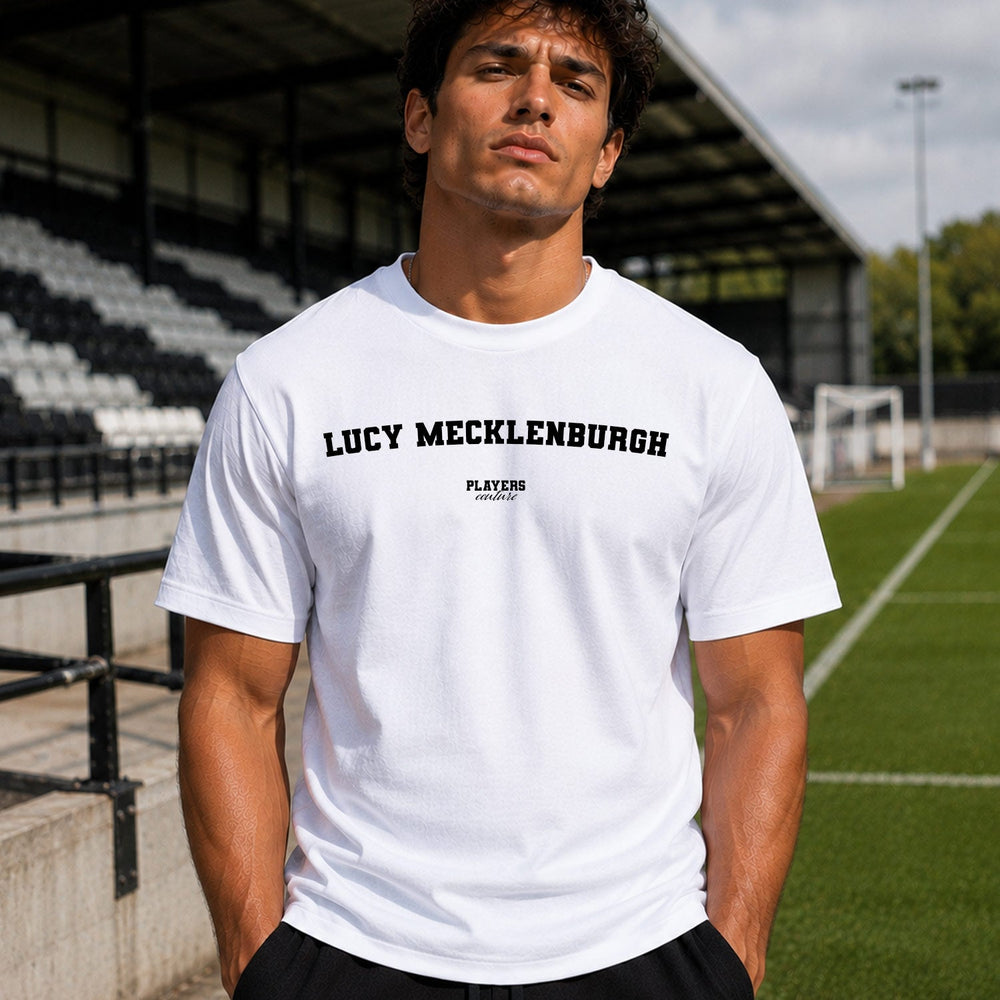 Lucy Mecklenburgh white men's T-shirt lifestyle photograph 29
