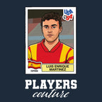Luis Enrique World Cup Sticker Men's T-Shirt – navy close-up detail shot of the Luis Enrique World Cup Players Couture logo