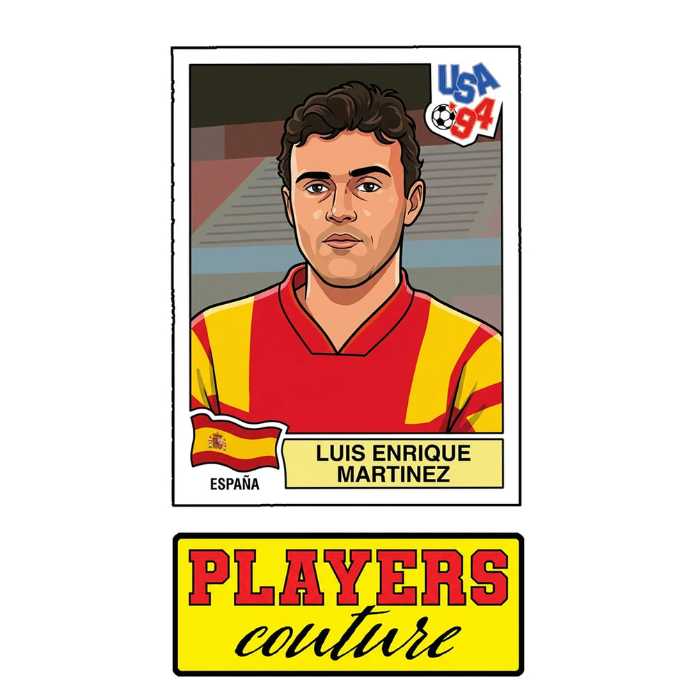 Luis Enrique World Cup Sticker Men's T-Shirt – close-up detail shot of the Luis Enrique World Cup Players Couture logo design