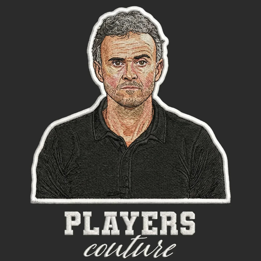 Luis Enrique Badge Men's Hoodie – black close-up detail shot of the Luis Enrique Players Couture logo design