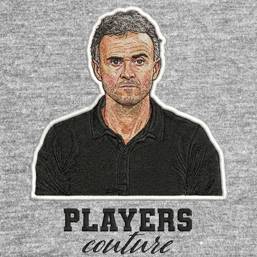 Luis Enrique Badge Men's Hoodie – grey close-up detail shot of the Luis Enrique Players Couture logo design