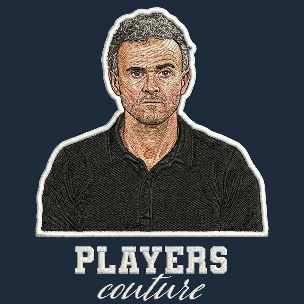 Luis Enrique Badge Men's Hoodie – navy close-up detail shot of the Luis Enrique Players Couture logo design
