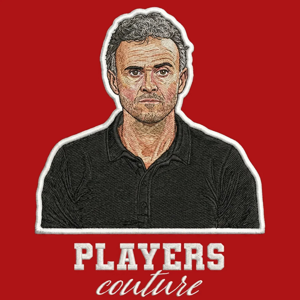 Luis Enrique Badge Men's Hoodie – red close-up detail shot of the Luis Enrique Players Couture logo design