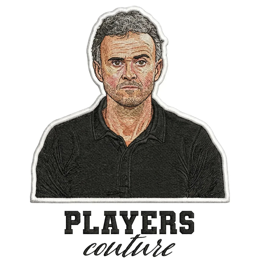Luis Enrique Badge Men's Hoodie – white close-up detail shot of the Luis Enrique Players Couture logo design