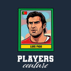 Luis Figo World Cup Sticker Men's T-Shirt – navy close-up detail shot of the Luis Figo World Cup Players Couture logo design