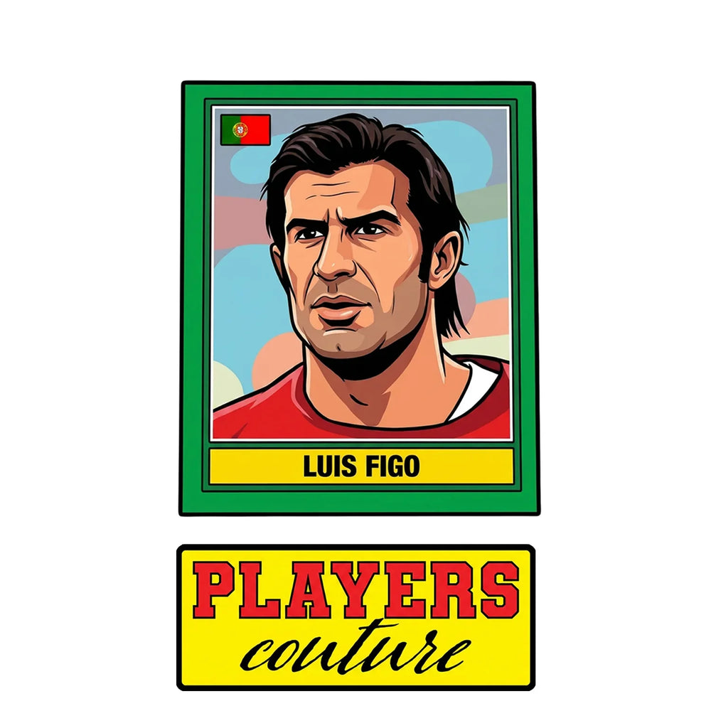 Luis Figo World Cup Sticker Men's T-Shirt – close-up detail shot of the Luis Figo World Cup Players Couture logo design