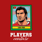 Luis Figo World Cup Sticker Men's T-Shirt – red close-up detail shot of the Luis Figo World Cup Players Couture logo design