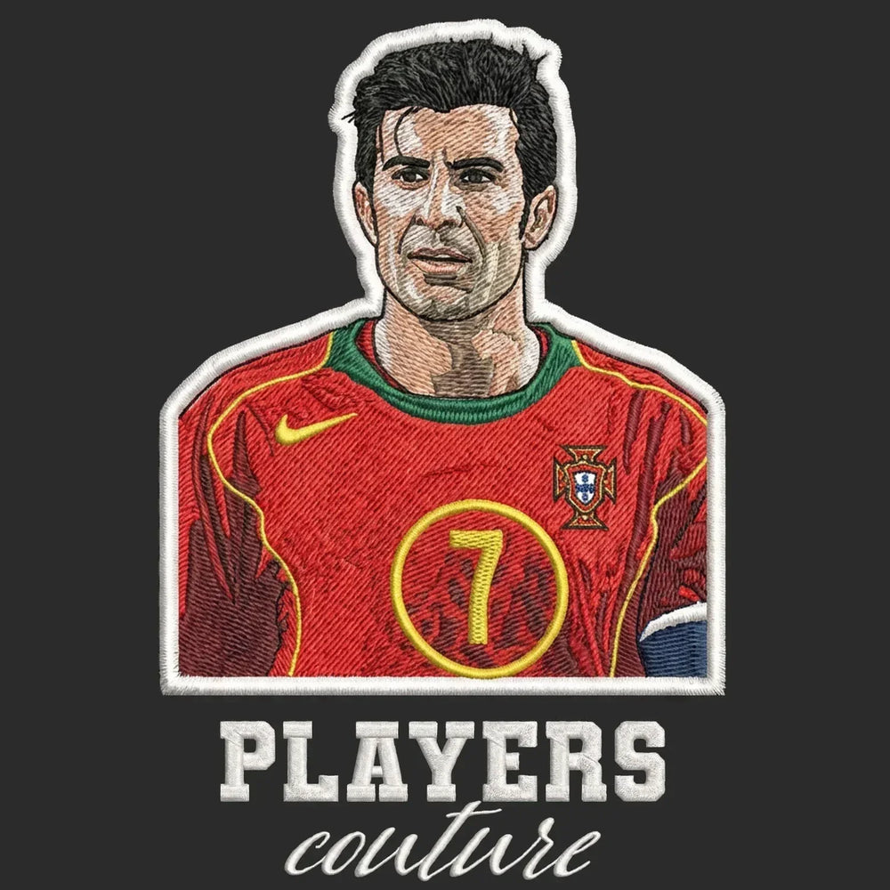 Luis Figo Badge Men's Hoodie – black close-up detail shot of the Luis Figo Players Couture logo design