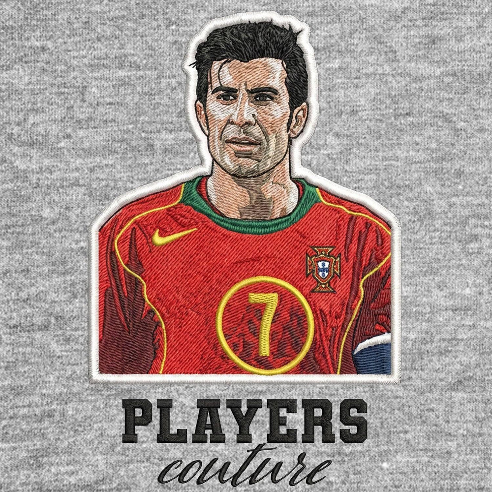 Luis Figo Badge Men's Hoodie – grey close-up detail shot of the Luis Figo Players Couture logo design