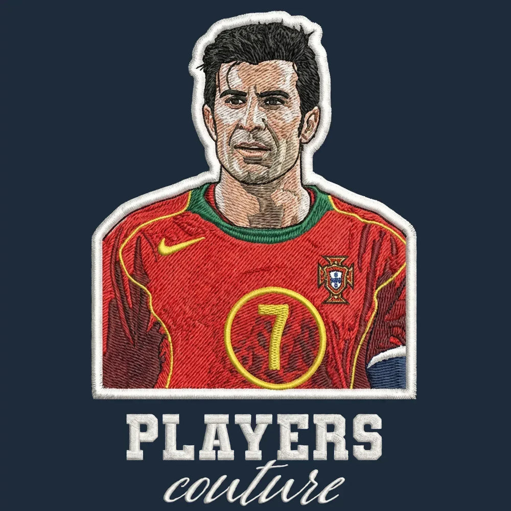 Luis Figo Badge Men's Hoodie – navy close-up detail shot of the Luis Figo Players Couture logo design