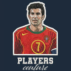 Luis Figo Badge Men's Hoodie – navy close-up detail shot of the Luis Figo Players Couture logo design