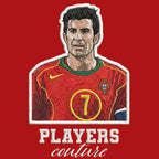 Luis Figo Badge Men's Hoodie – red close-up detail shot of the Luis Figo Players Couture logo design